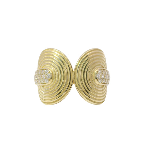 14KT Gold Ring Women's Abstract Music Record Split Band with White CZ Stone Ends