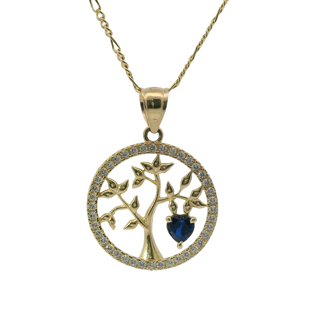 14KT Gold Charm Medium Open Round Tree of Life with White CZ Stones Border, Navy Blue Heart CZ Stone, and Plain Bell