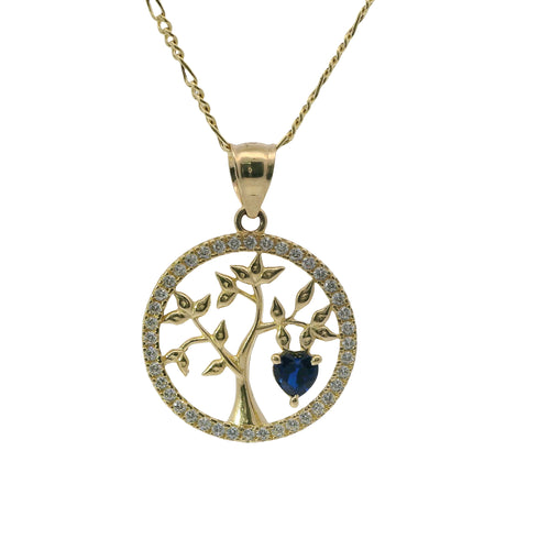 14KT Gold Charm Medium Open Round Tree of Life with White CZ Stones Border, Navy Blue Heart CZ Stone, and Plain Bell