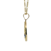 14KT Gold Charm Medium Open Round Tree of Life with White CZ Stones Border, Navy Blue Heart CZ Stone, and Plain Bell