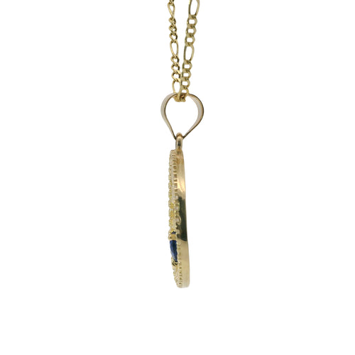 14KT Gold Charm Medium Open Round Tree of Life with White CZ Stones Border, Navy Blue Heart CZ Stone, and Plain Bell