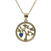 14KT Gold Charm Medium Open Round Tree of Life with White CZ Stones Border, Navy Blue Heart CZ Stone, and Plain Bell