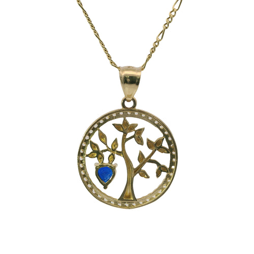 14KT Gold Charm Medium Open Round Tree of Life with White CZ Stones Border, Navy Blue Heart CZ Stone, and Plain Bell