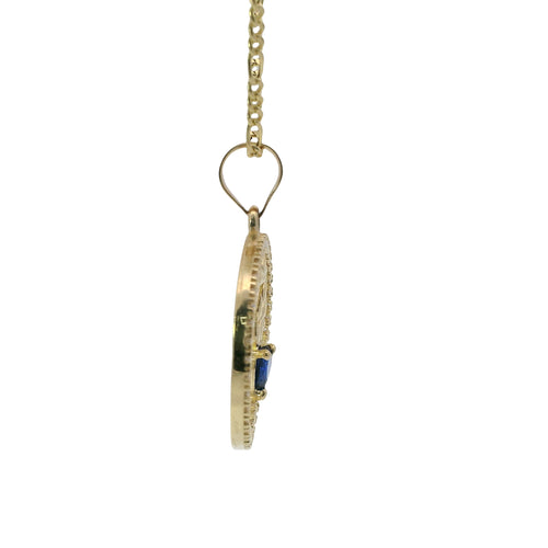 14KT Gold Charm Medium Open Round Tree of Life with White CZ Stones Border, Navy Blue Heart CZ Stone, and Plain Bell