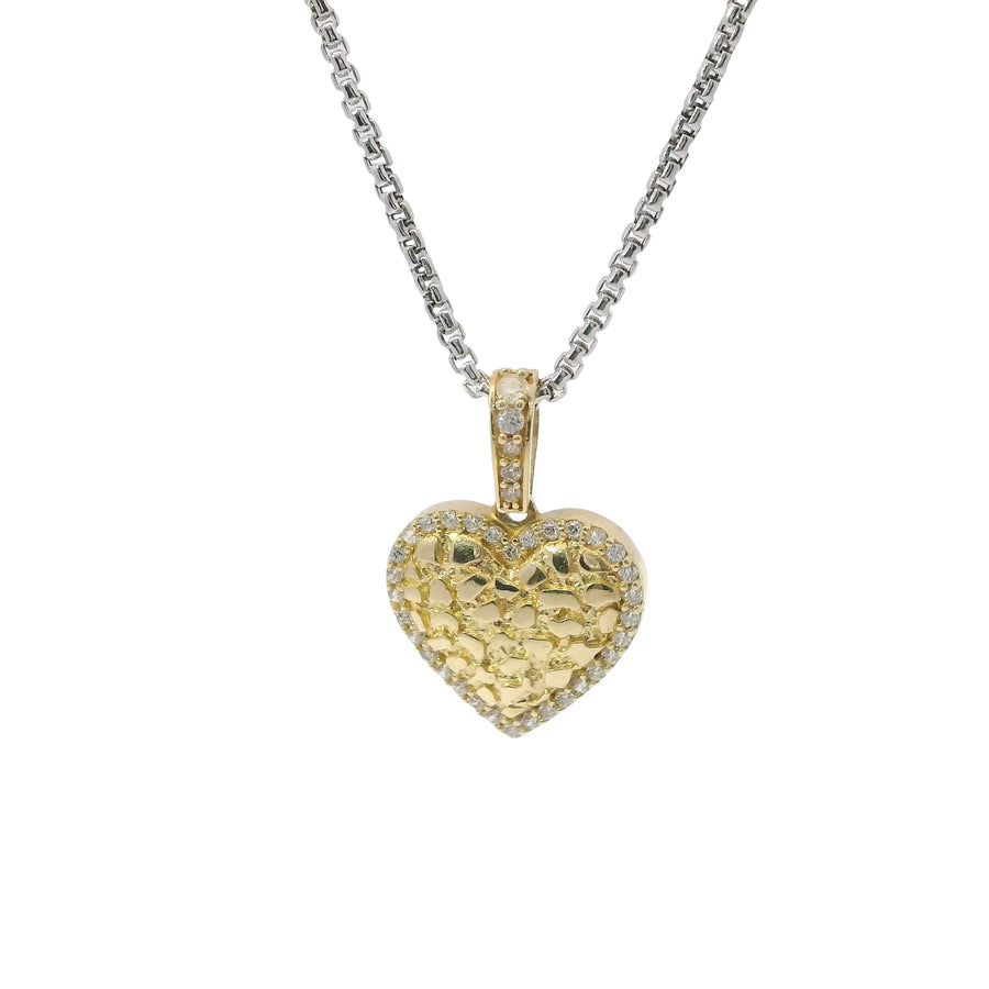 14KT Gold Charm Medium Nugget Heart Center with White CZ Stones Border and Bell