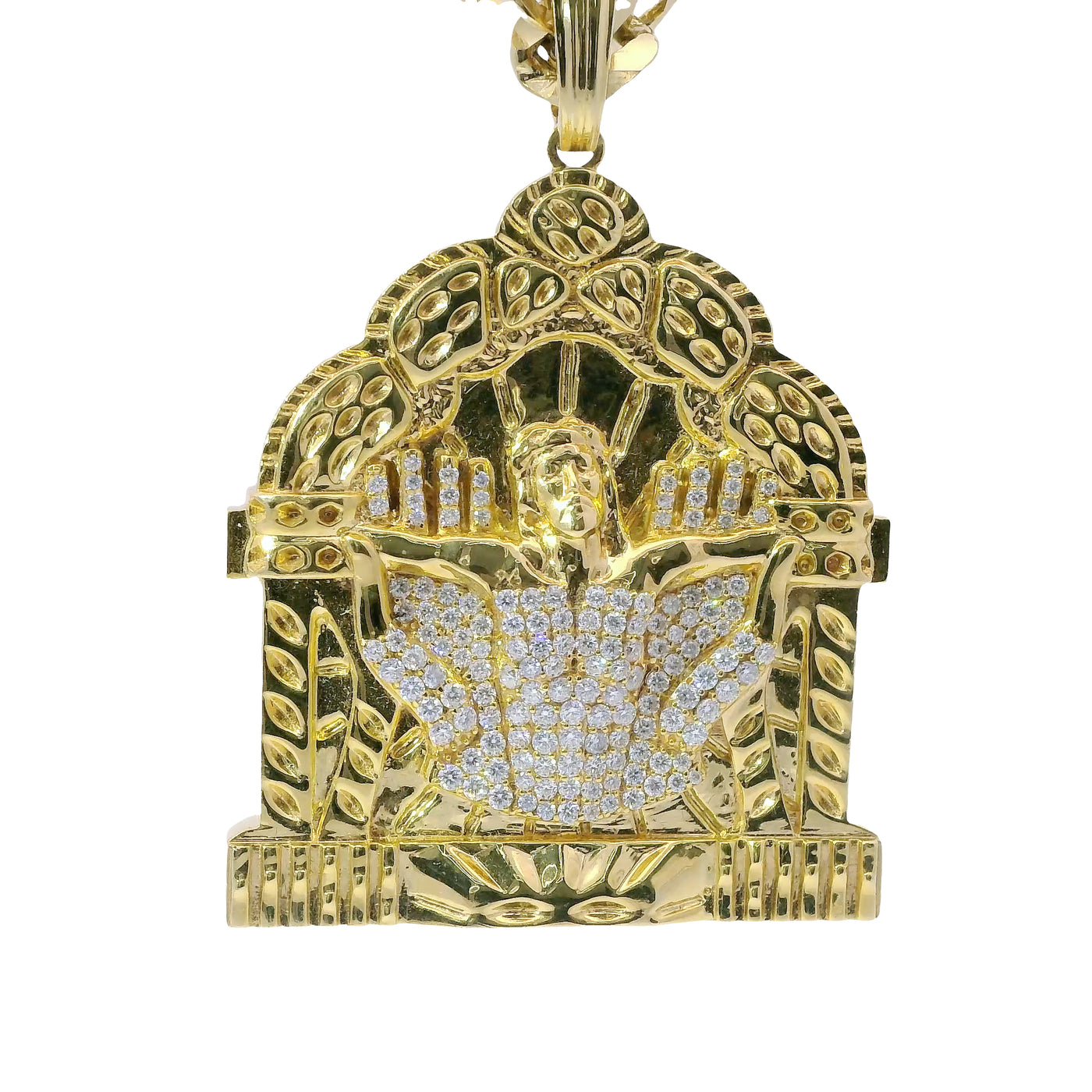 14KT Gold Charm Jumbo White CZ Stones Open Hands Lifting Jesus in Arch Alter Center with White CZ Stones Chest and Plain Bell