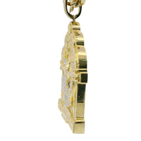 14KT Gold Charm Jumbo White CZ Stones Open Hands Lifting Jesus in Arch Alter Center with White CZ Stones Chest and Plain Bell
