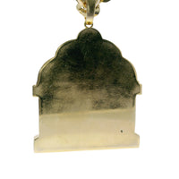 14KT Gold Charm Jumbo White CZ Stones Open Hands Lifting Jesus in Arch Alter Center with White CZ Stones Chest and Plain Bell