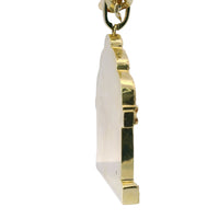 14KT Gold Charm Jumbo White CZ Stones Open Hands Lifting Jesus in Arch Alter Center with White CZ Stones Chest and Plain Bell