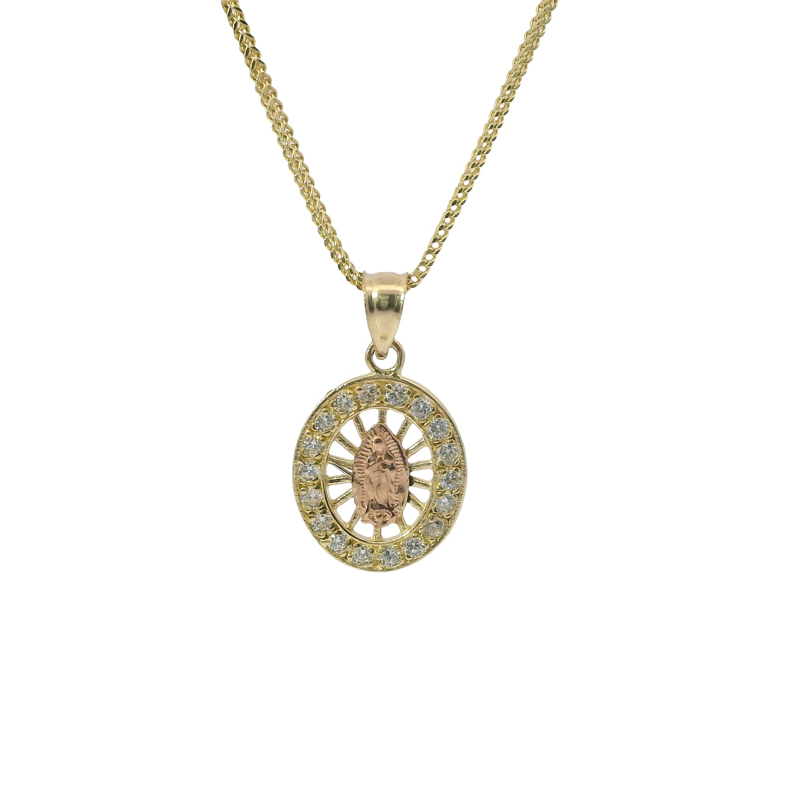 14KT Gold Charm Extra Small Oval Two Tone Virgin Mary Open Stripe Center with White CZ Stones Border and Plain Bell