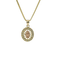 14KT Gold Charm Extra Small Oval Two Tone Virgin Mary Open Stripe Center with White CZ Stones Border and Plain Bell