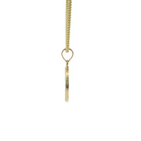 14KT Gold Charm Extra Small Oval Two Tone Virgin Mary Open Stripe Center with White CZ Stones Border and Plain Bell