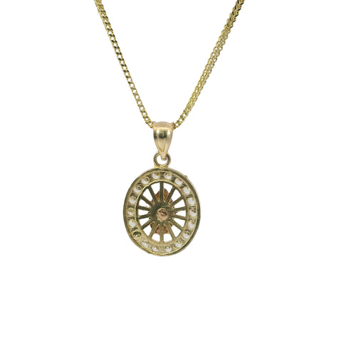 14KT Gold Charm Extra Small Oval Two Tone Virgin Mary Open Stripe Center with White CZ Stones Border and Plain Bell