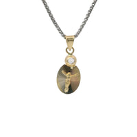14KT Gold Charm Extra Small Tri Tone Oval Crucifix Sunray Coin with White CZ Stone Top and Plain Bell