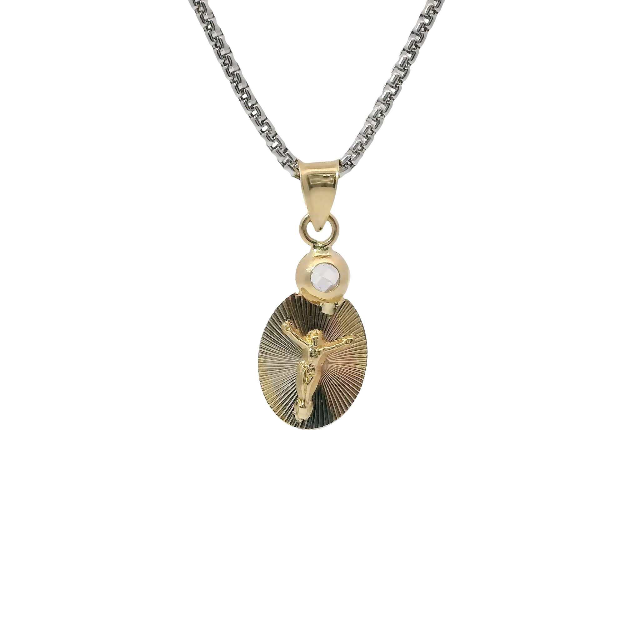 14KT Gold Charm Extra Small Tri Tone Oval Crucifix Sunray Coin with White CZ Stone Top and Plain Bell
