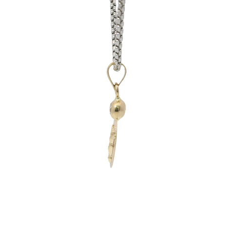 14KT Gold Charm Extra Small Tri Tone Oval Crucifix Sunray Coin with White CZ Stone Top and Plain Bell
