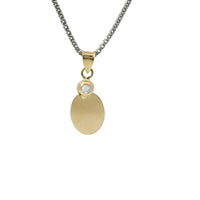 14KT Gold Charm Extra Small Tri Tone Oval Crucifix Sunray Coin with White CZ Stone Top and Plain Bell