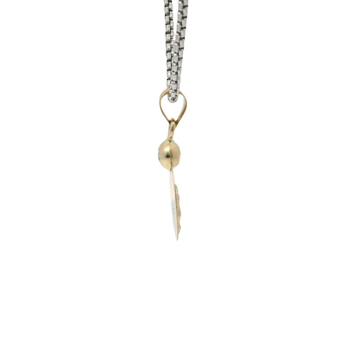 14KT Gold Charm Extra Small Tri Tone Oval Crucifix Sunray Coin with White CZ Stone Top and Plain Bell