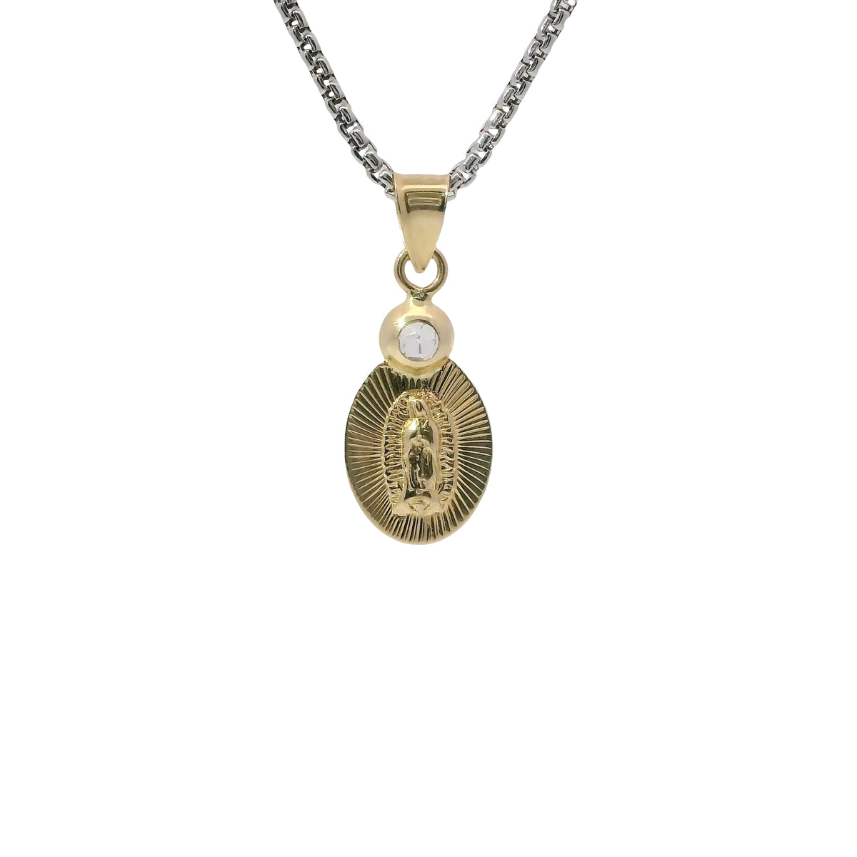 14KT Gold Charm Extra Small Oval Virgin Mary Sunray Coin with White CZ Stone Top and Plain Bell