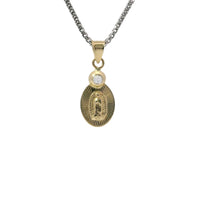 14KT Gold Charm Extra Small Oval Virgin Mary Sunray Coin with White CZ Stone Top and Plain Bell