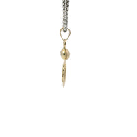 14KT Gold Charm Extra Small Oval Virgin Mary Sunray Coin with White CZ Stone Top and Plain Bell