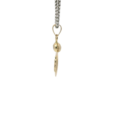 14KT Gold Charm Extra Small Oval Virgin Mary Sunray Coin with White CZ Stone Top and Plain Bell