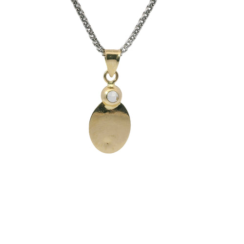14KT Gold Charm Extra Small Oval Virgin Mary Sunray Coin with White CZ Stone Top and Plain Bell