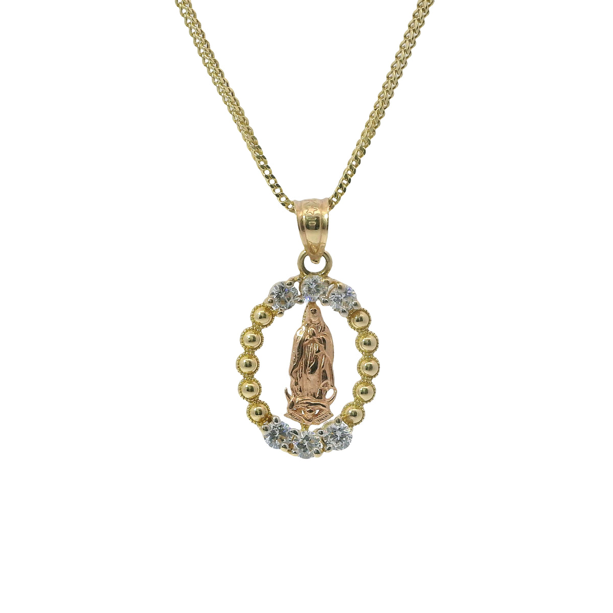 14KT Gold Charm Medium Oval Two Tone Virgin Mary Open Center with Beaded Frame, Six White CZ Stones Frame, and Plain Bell