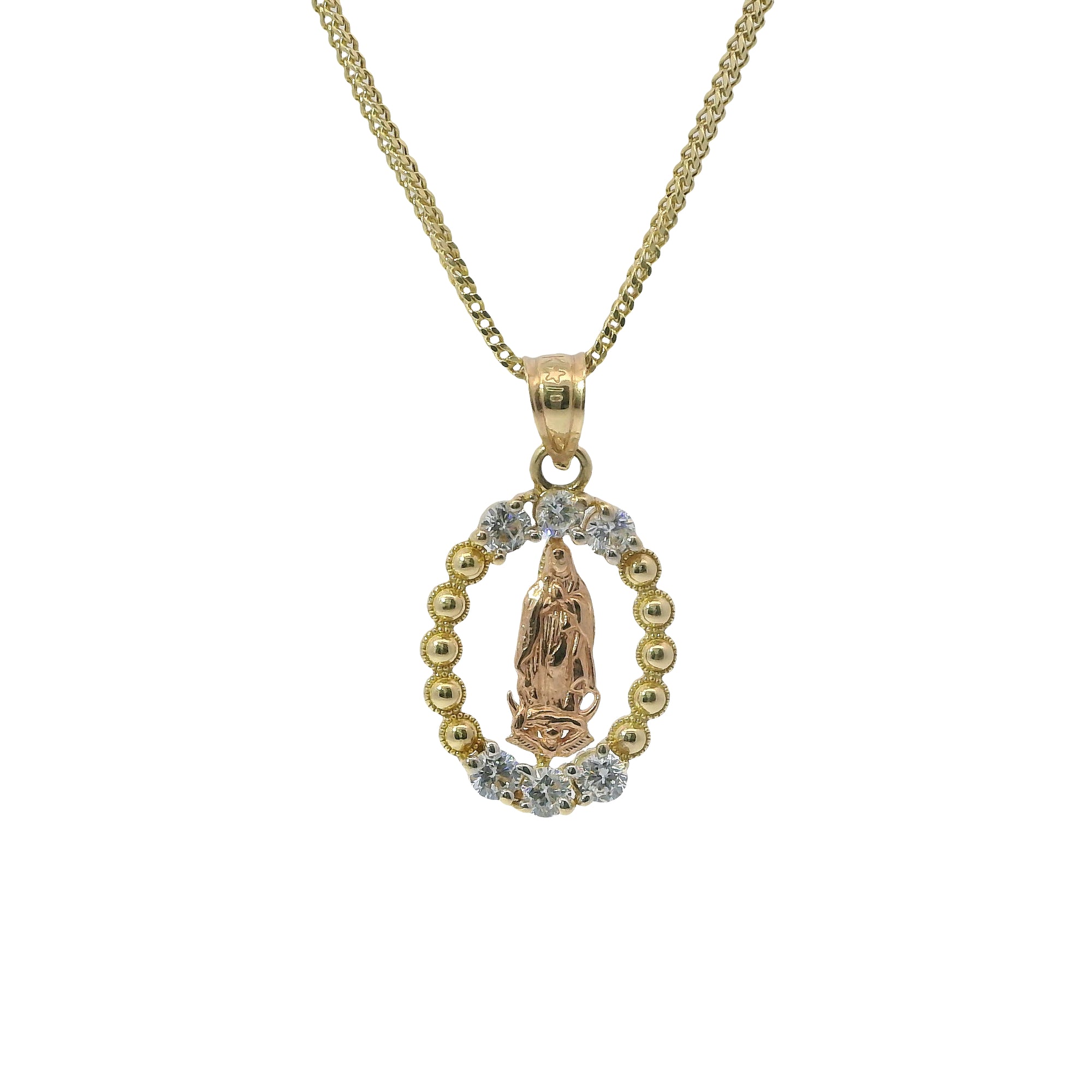 14KT Gold Charm Medium Oval Two Tone Virgin Mary Open Center with Beaded Frame, Six White CZ Stones Frame, and Plain Bell