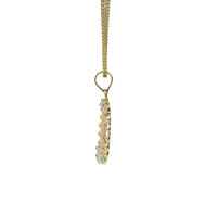 14KT Gold Charm Medium Oval Two Tone Virgin Mary Open Center with Beaded Frame, Six White CZ Stones Frame, and Plain Bell