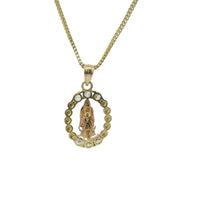 14KT Gold Charm Medium Oval Two Tone Virgin Mary Open Center with Beaded Frame, Six White CZ Stones Frame, and Plain Bell