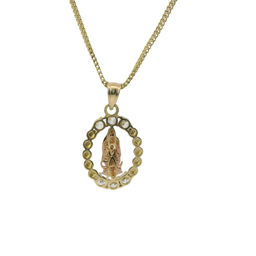 14KT Gold Charm Medium Oval Two Tone Virgin Mary Open Center with Beaded Frame, Six White CZ Stones Frame, and Plain Bell