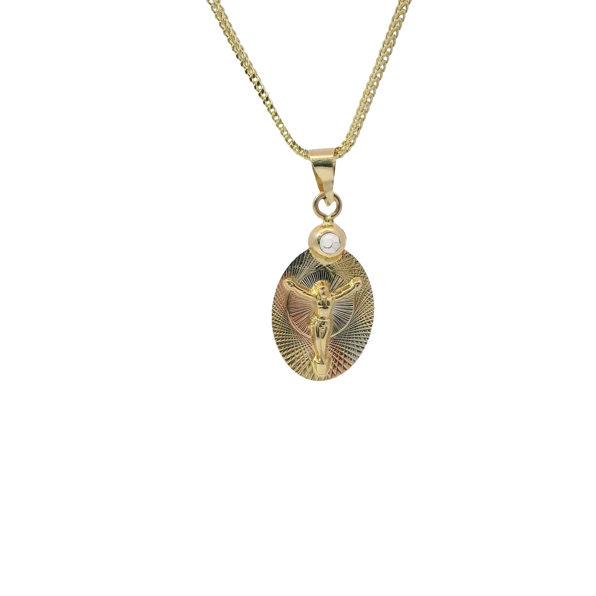 14KT Gold Charm Small Tri Tone Oval Crucifix Graphic Coin with White CZ Stone Top and Plain Bell