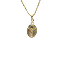 14KT Gold Charm Small Tri Tone Oval Crucifix Graphic Coin with White CZ Stone Top and Plain Bell