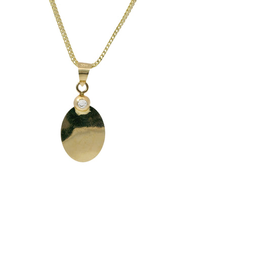 14KT Gold Charm Small Tri Tone Oval Crucifix Graphic Coin with White CZ Stone Top and Plain Bell