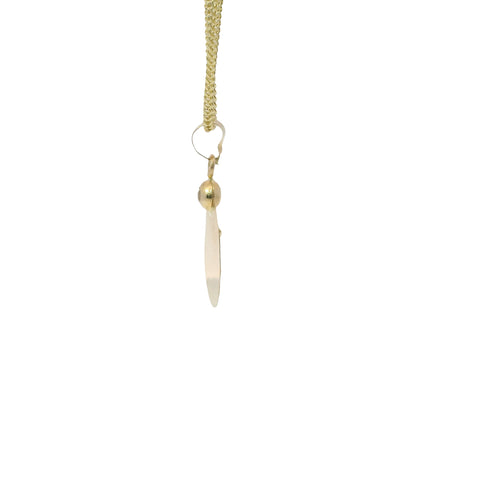 14KT Gold Charm Small Tri Tone Oval Crucifix Graphic Coin with White CZ Stone Top and Plain Bell