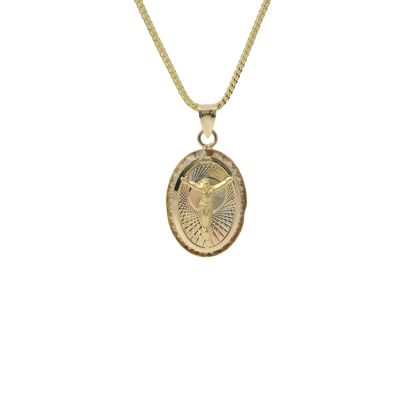 14KT Gold Charm Medium Oval Tri Tone Graphic Line Background with Crucifix Center Coin with White CZ Stones Frame Edge and Plain Bell