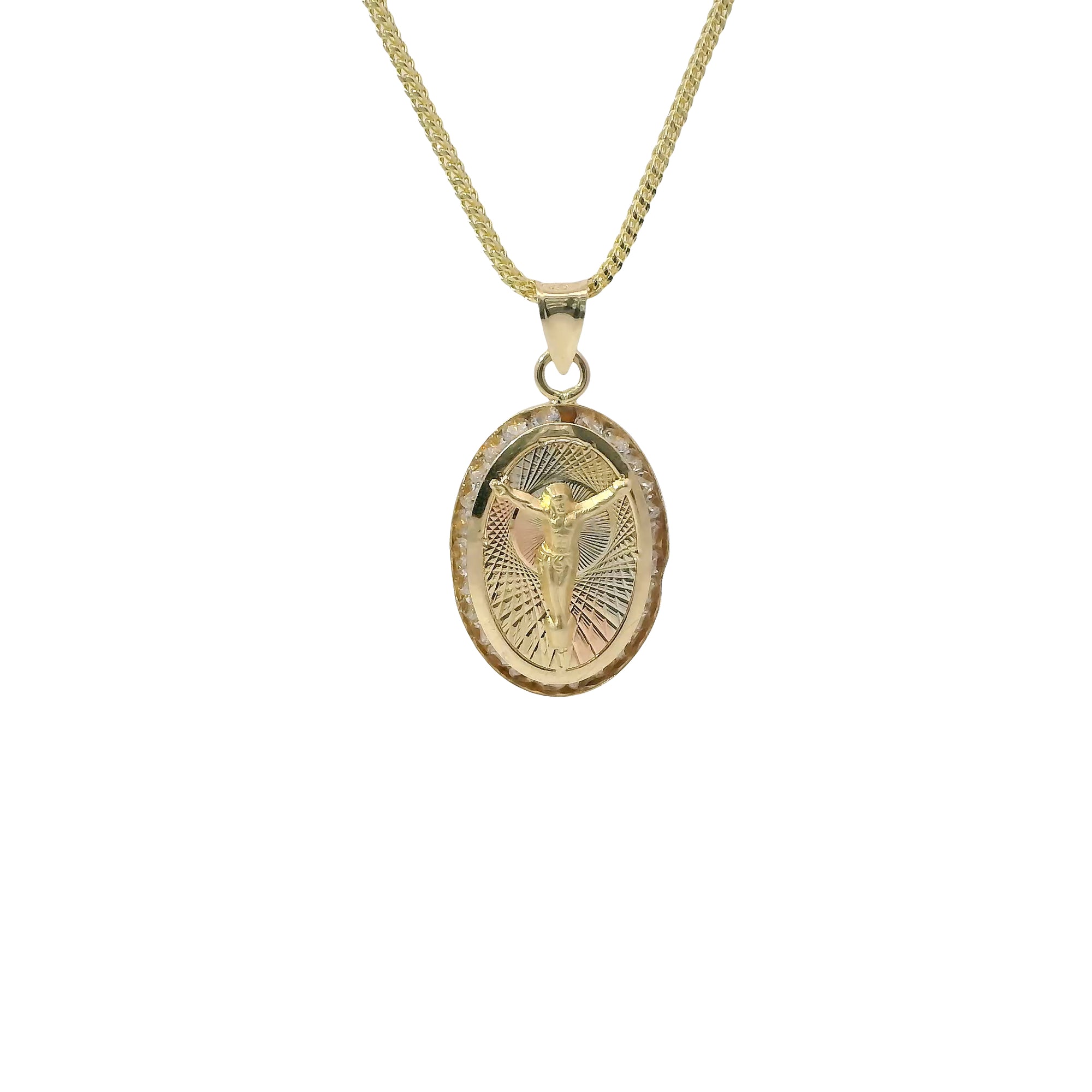 14KT Gold Charm Medium Oval Tri Tone Graphic Line Background with Crucifix Center Coin with White CZ Stones Frame Edge and Plain Bell