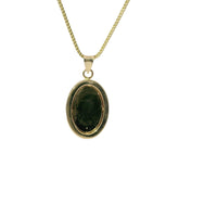 14KT Gold Charm Medium Oval Tri Tone Graphic Line Background with Crucifix Center Coin with White CZ Stones Frame Edge and Plain Bell