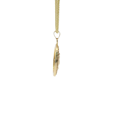 14KT Gold Charm Medium Oval Tri Tone Graphic Line Background with Crucifix Center Coin with White CZ Stones Frame Edge and Plain Bell