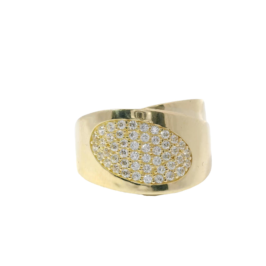 14KT Gold Ring Women's Oval White CZ Stones Cluster Center Overlapping Mock Bypass Plain Band