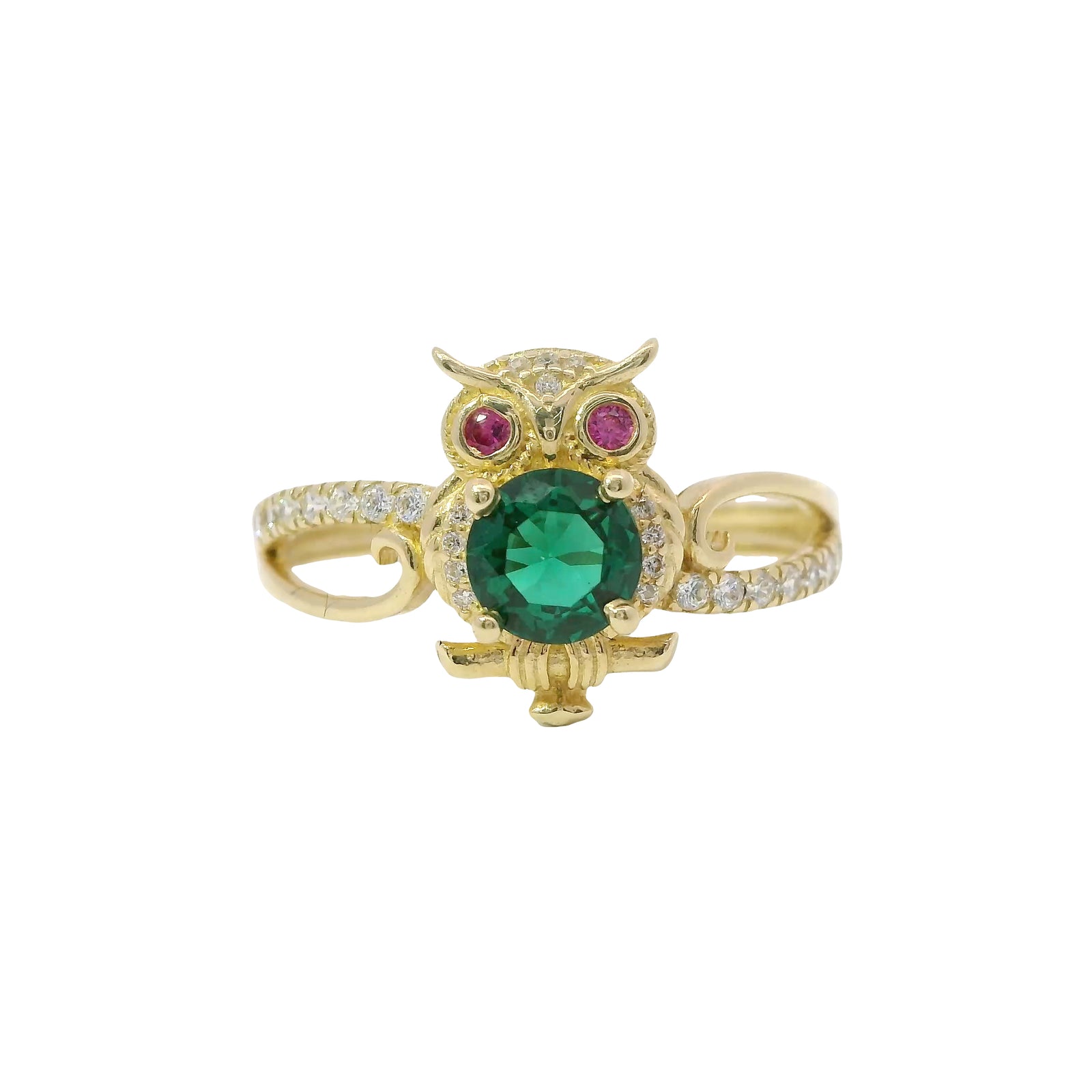14KT Gold Ring Women's Owl Center with Green CZ Stone Belly, Red CZ Eyes, and White CZ Stone Split Band