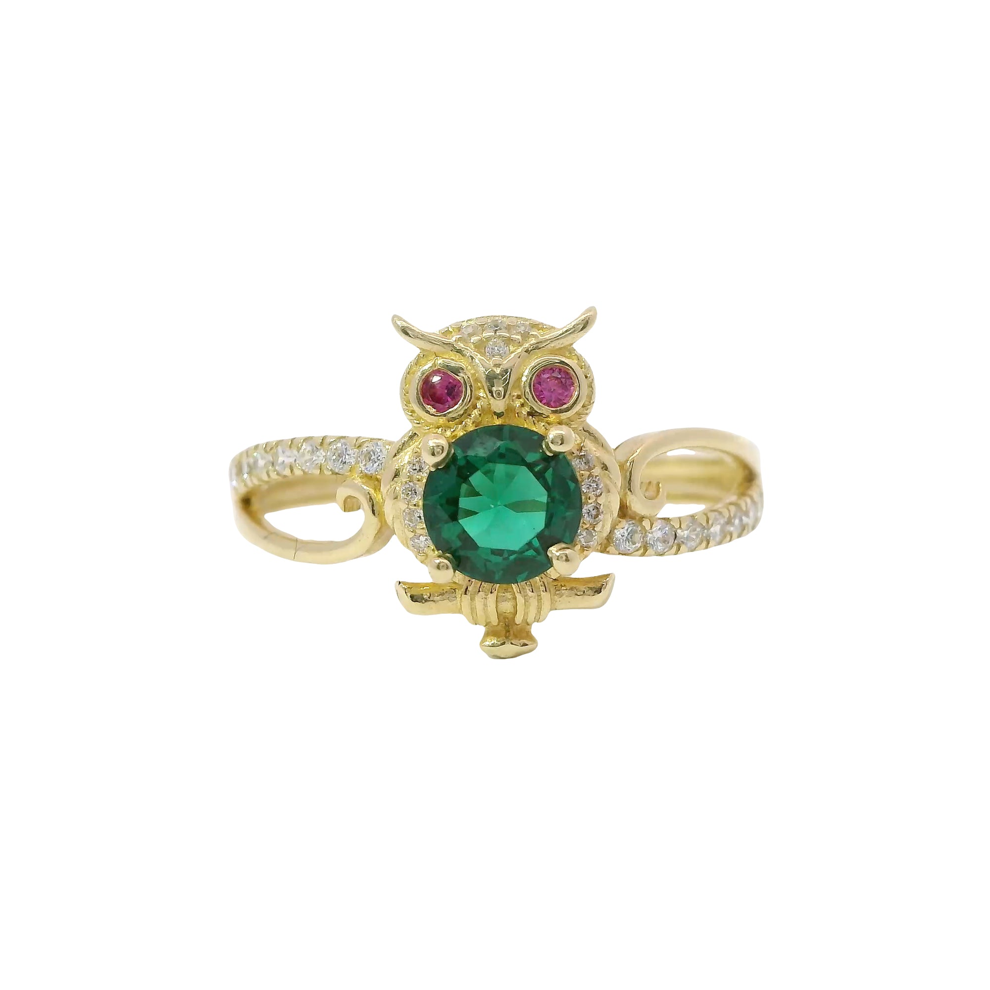 14KT Gold Ring Women's Owl Center with Green CZ Stone Belly, Red CZ Eyes, and White CZ Stone Split Band