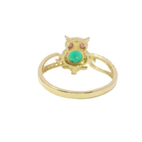 14KT Gold Ring Women's Owl Center with Green CZ Stone Belly, Red CZ Eyes, and White CZ Stone Split Band