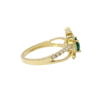14KT Gold Ring Women's Owl Center with Green CZ Stone Belly, Red CZ Eyes, and White CZ Stone Split Band