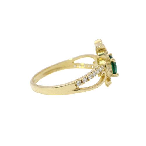 14KT Gold Ring Women's Owl Center with Green CZ Stone Belly, Red CZ Eyes, and White CZ Stone Split Band