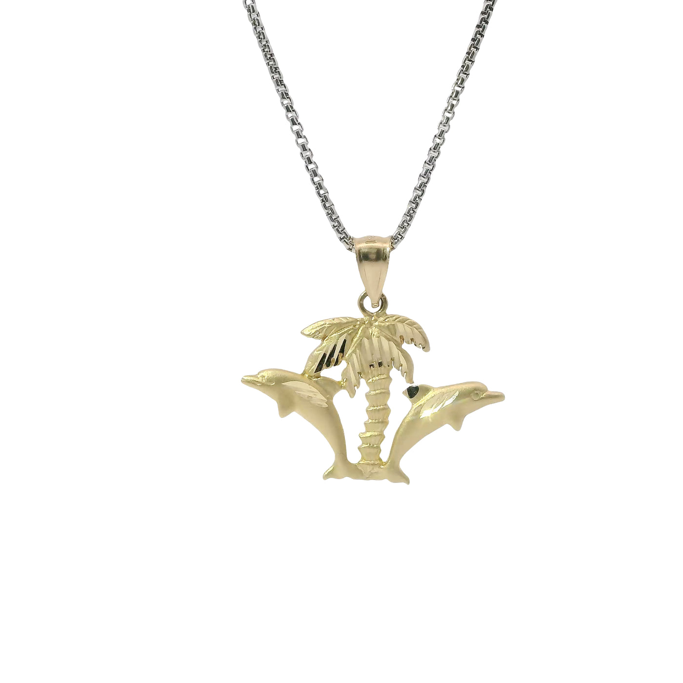 14KT Gold Charm Diamond Cut Palm Tree and Two Jumping Dolphins with Plain Bell