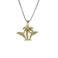 14KT Gold Charm Diamond Cut Palm Tree and Two Jumping Dolphins with Plain Bell