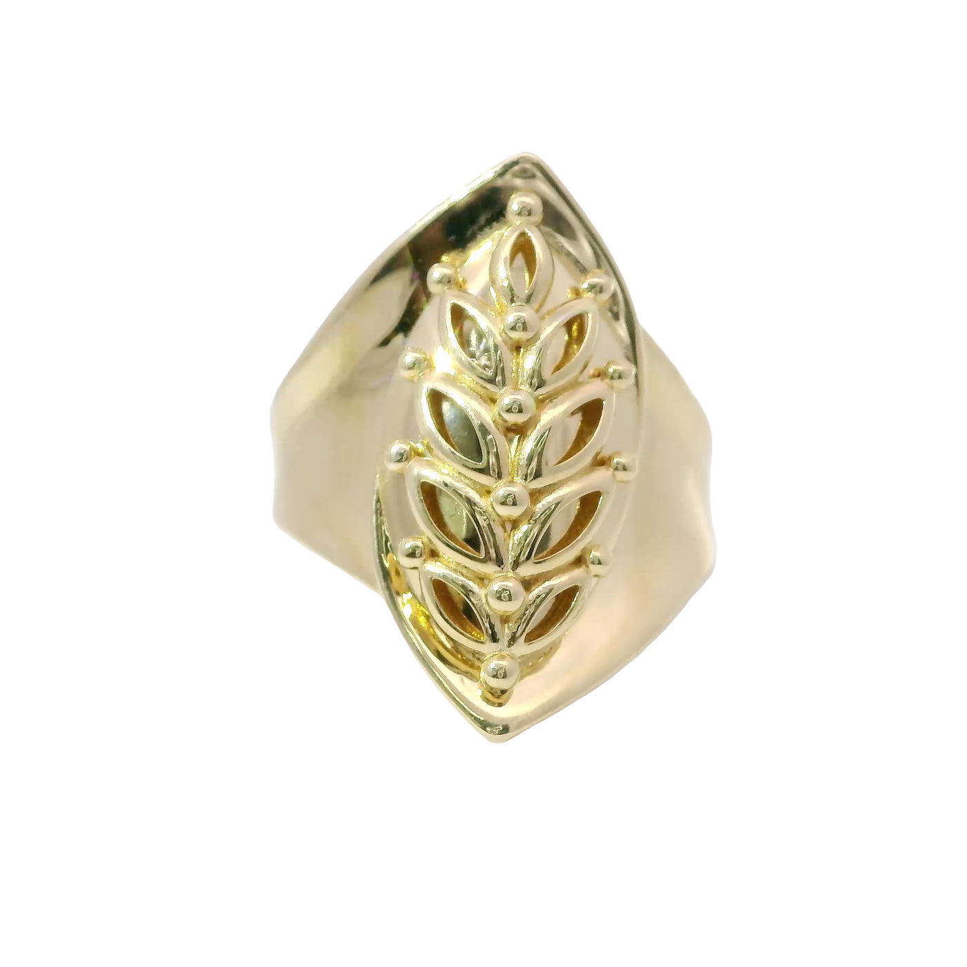 14KT Gold Ring Women's Plain Raised Branch with Marquise Leaves with Dots as Berries and Plain Band