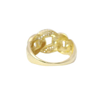 14KT Gold Ring Women's Plain Puff Cuban Band with One White CZ Stone Link in Center and Plain Band